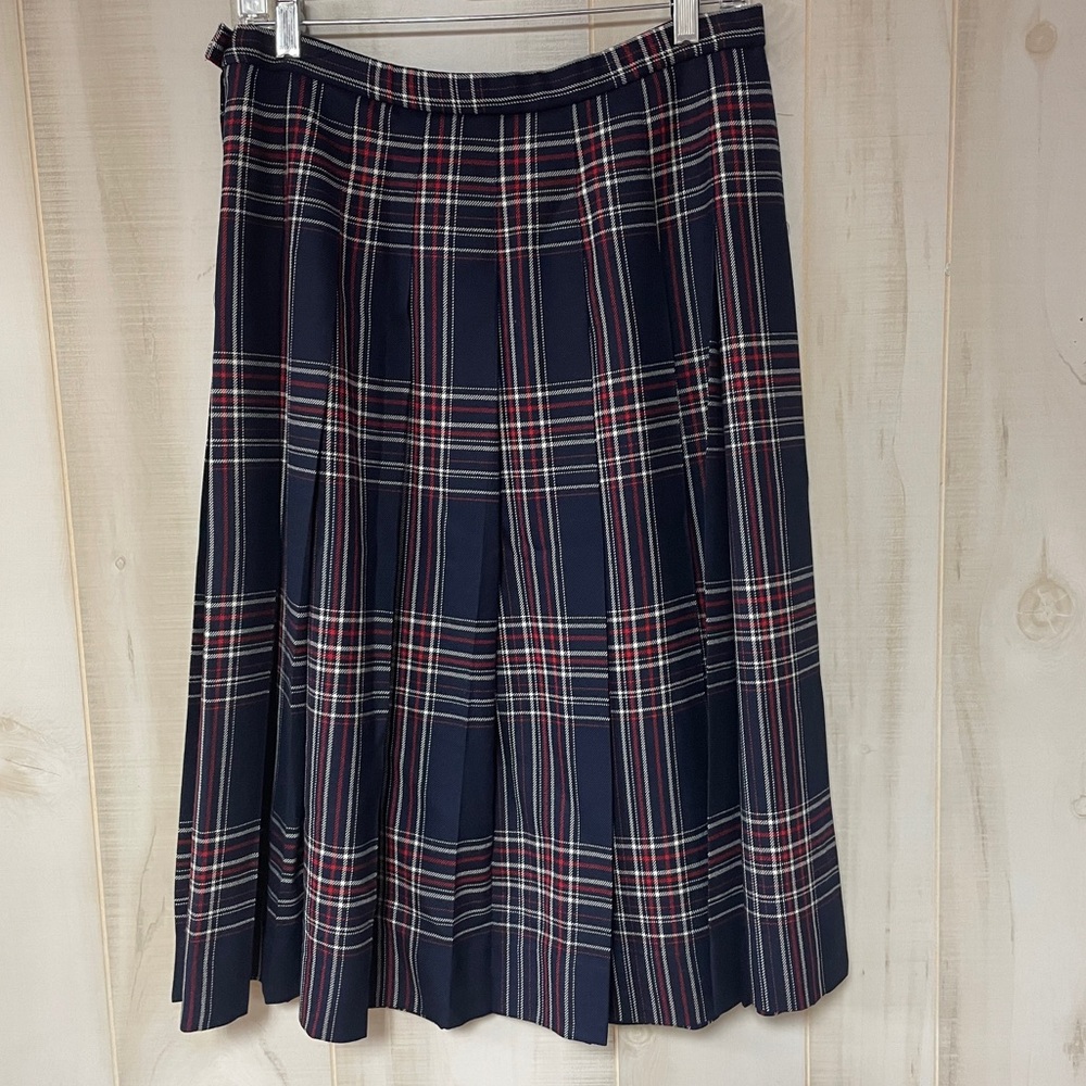 Vintage Pendleton Navy + Red Pleated Plaid Skirt Sz 14P 100% Virgin Wool A Line